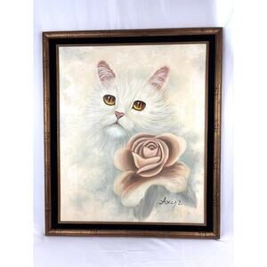 VTG White Cat Oil‎ Painting Signed Original Hand Painted Art Canvas Framed OOAK